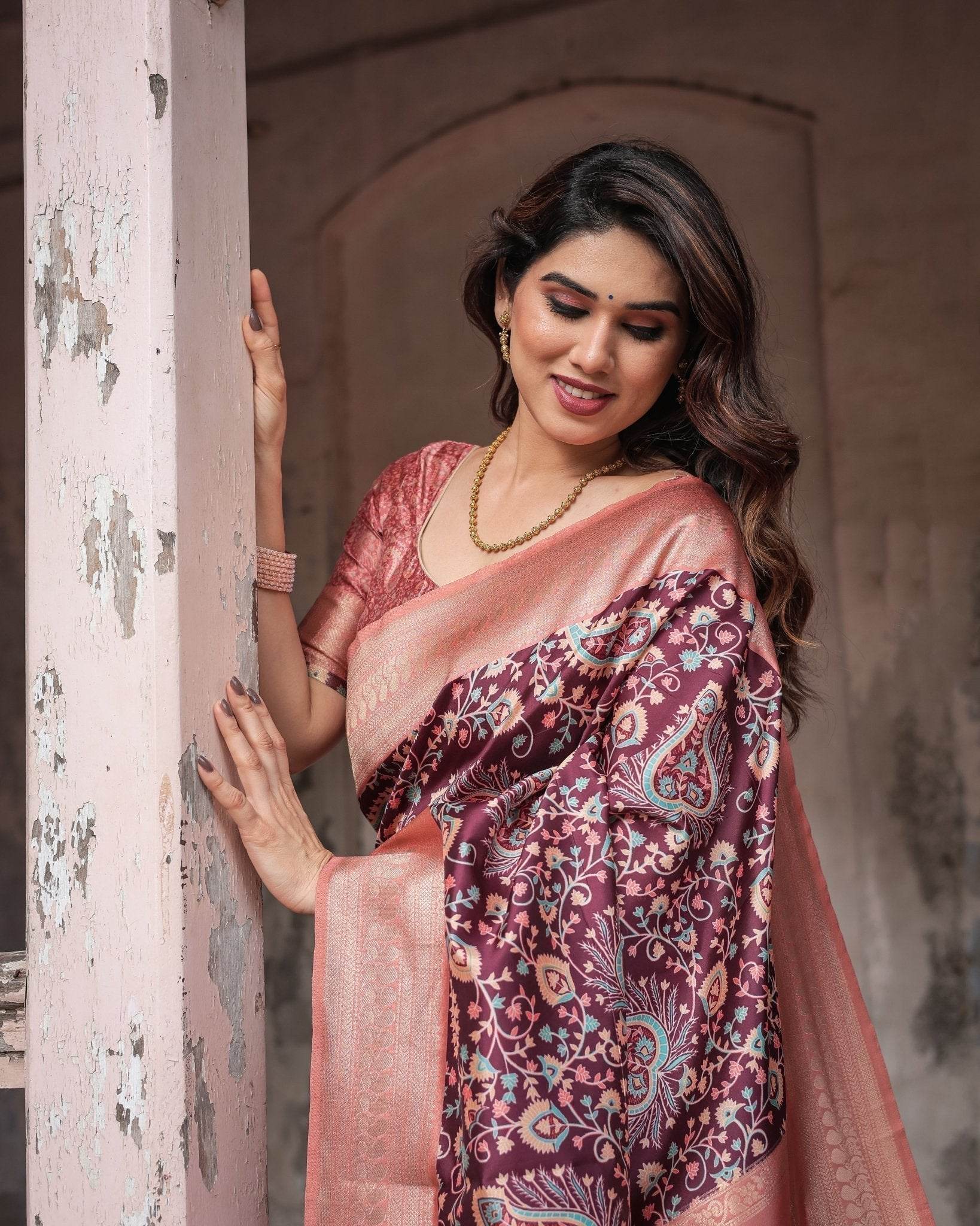 Maroon Banarasi Silk Saree with Peach Zari Border and Paisley Motifs - SEEANS