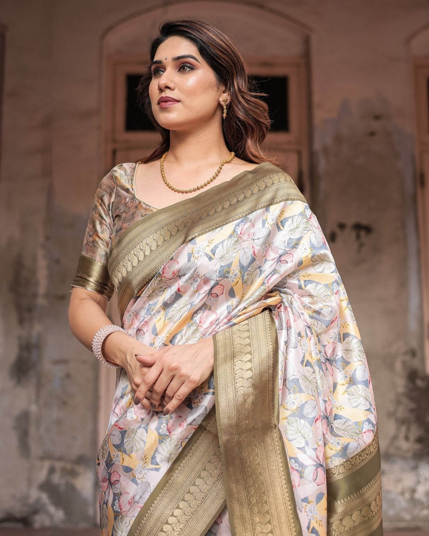 Ivory Banarasi Silk Saree with Gold Zari Border and Multicolor Floral Design - SEEANS