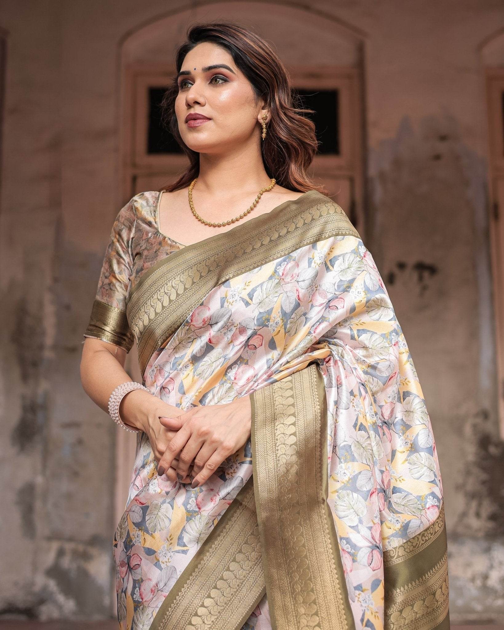Ivory Banarasi Silk Saree with Gold Zari Border and Multicolor Floral Design - SEEANS