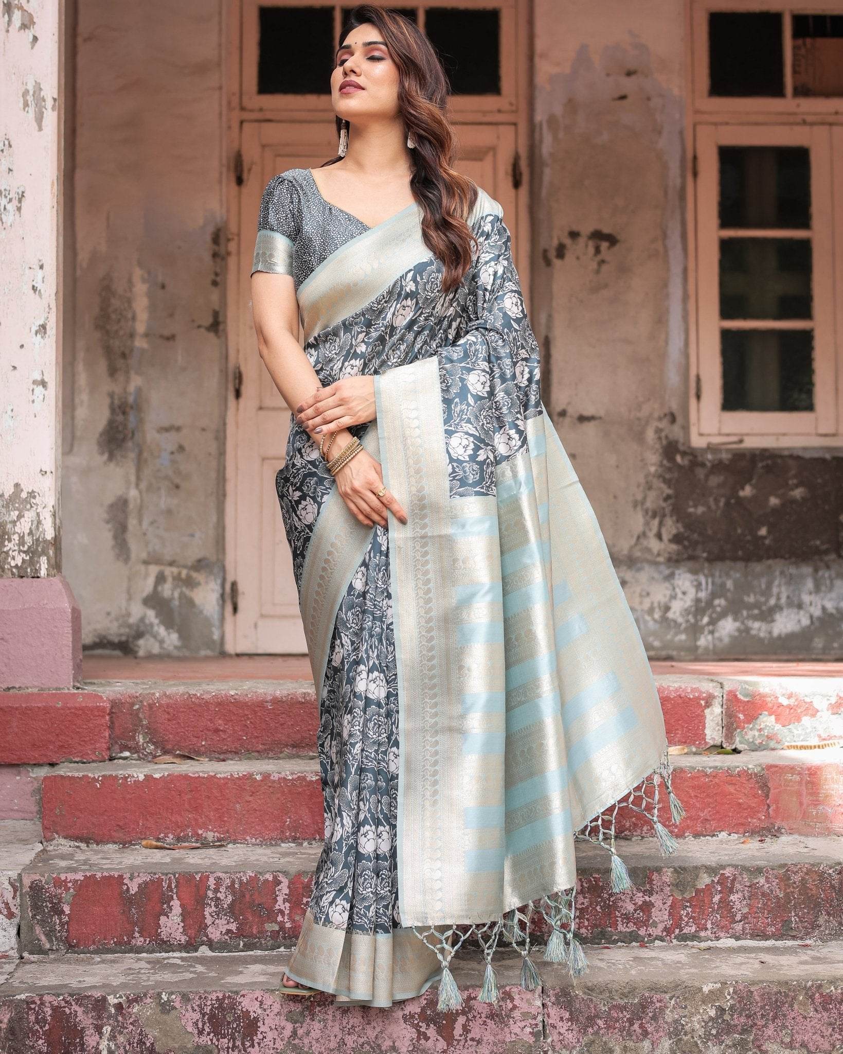 Sophisticated Floral Banarasi Silk Saree with Light Blue Zari Border - SEEANS