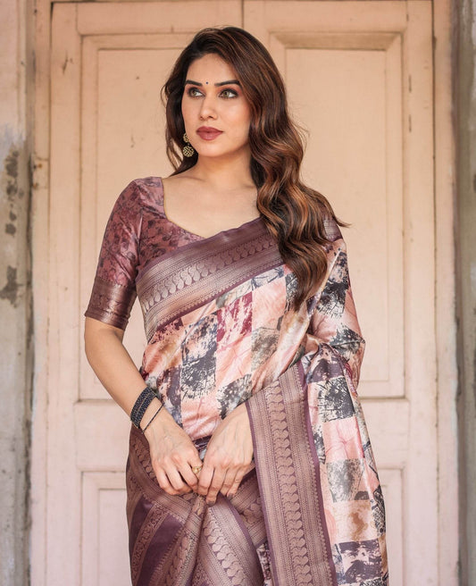 Mauve Banarasi Silk Saree with Abstract Checkered Digital Print & Zari Border - SEEANS