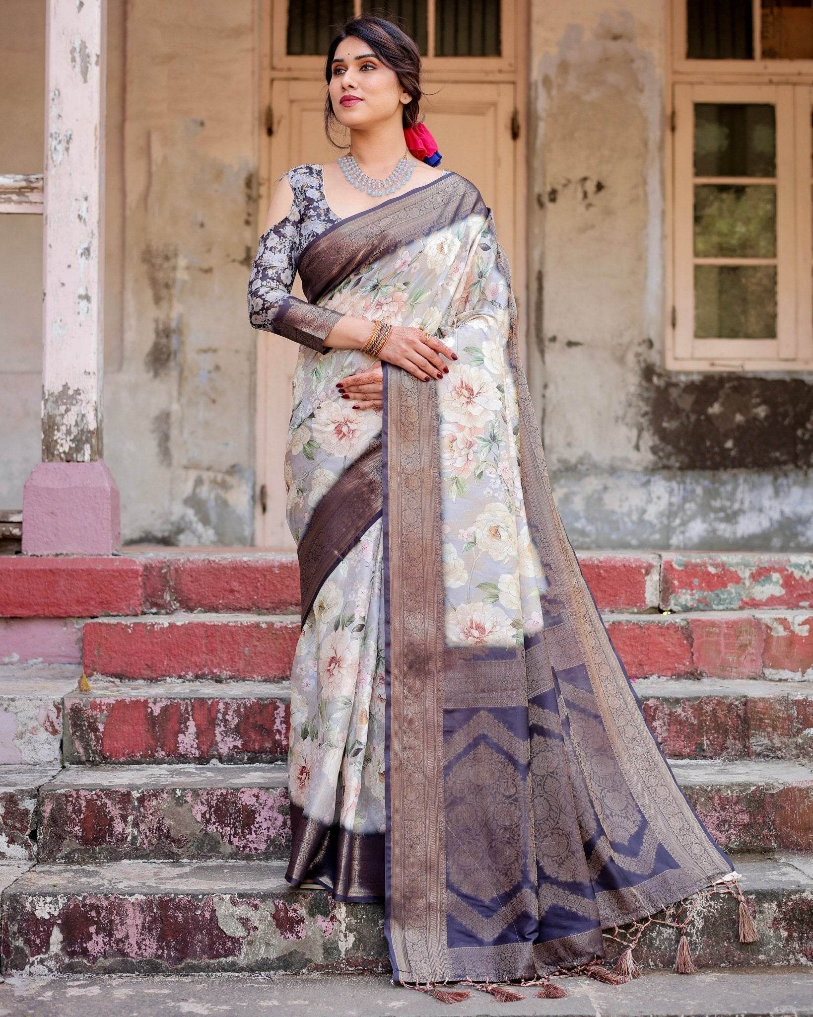 Elegant Gray Banarasi Silk Saree with Navy Blue Zari Weave, Floral Design, and Tassels - SEEANS