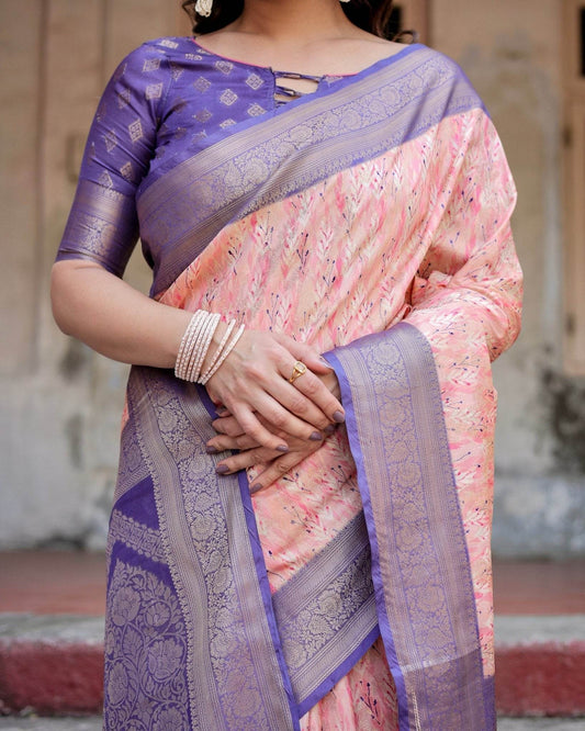 Peach and Purple Floral Digital Print Banarasi Silk Saree with Zari Weave and Tassel-Adorned Pallu - SEEANS