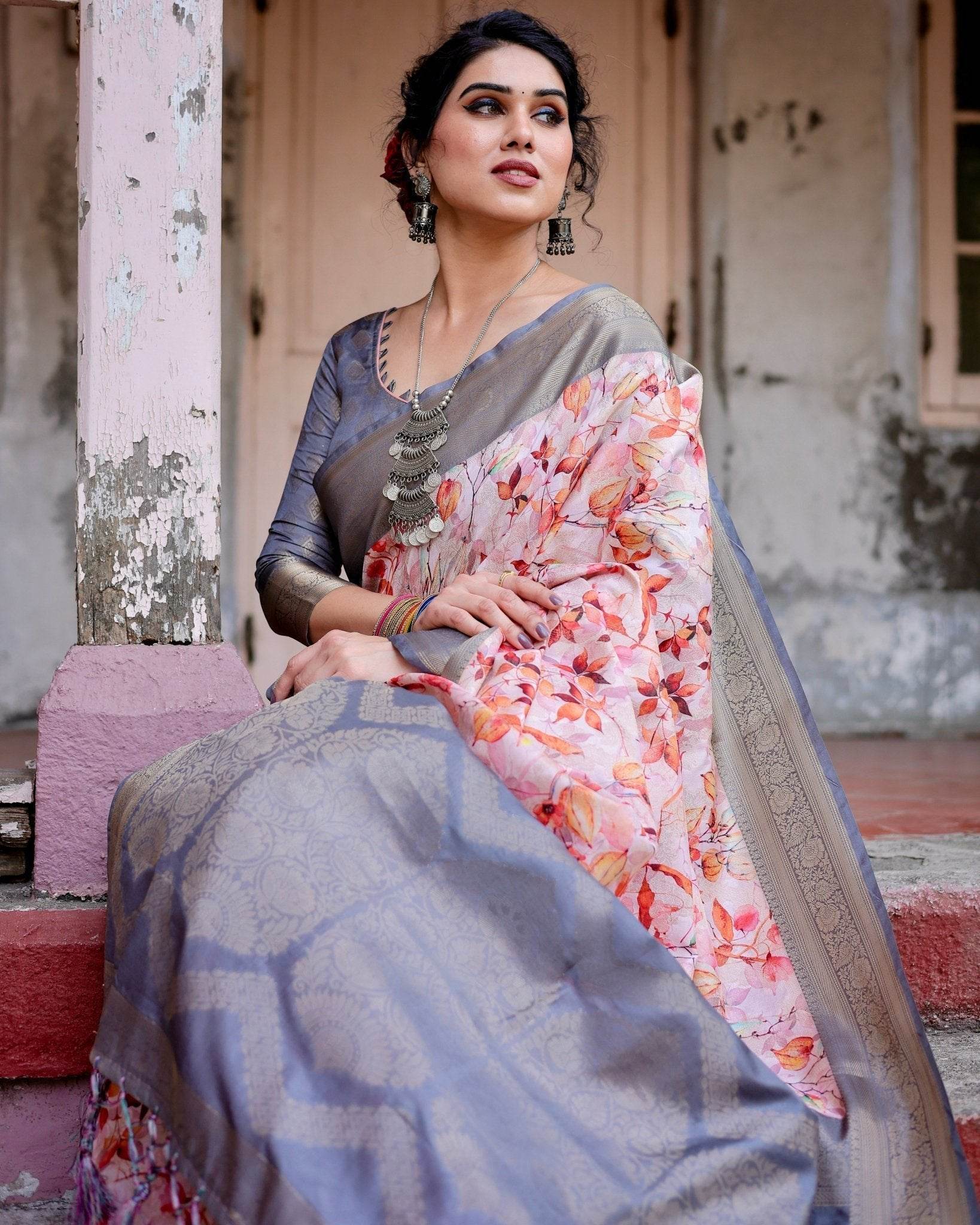 Graceful Grey Banarasi Silk Saree with Floral Elegance and Zari Accents - SEEANS