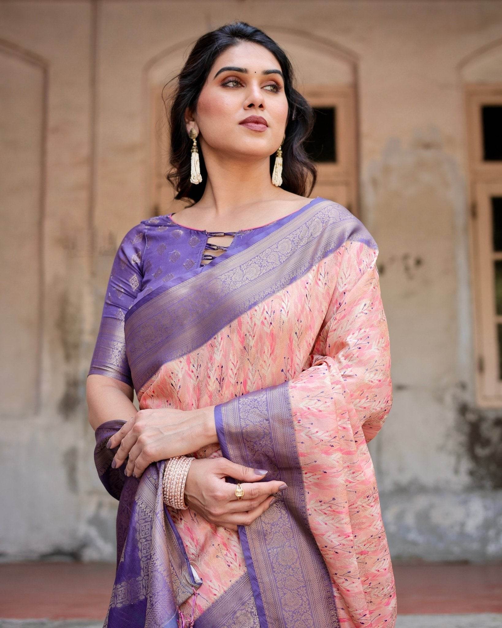Peach and Purple Floral Digital Print Banarasi Silk Saree with Zari Weave and Tassel-Adorned Pallu - SEEANS