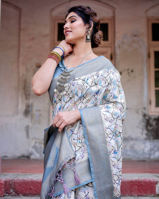 Elegant Light Blue Banarasi Silk Saree with Floral Design and Zari Weaved Pallu - SEEANS