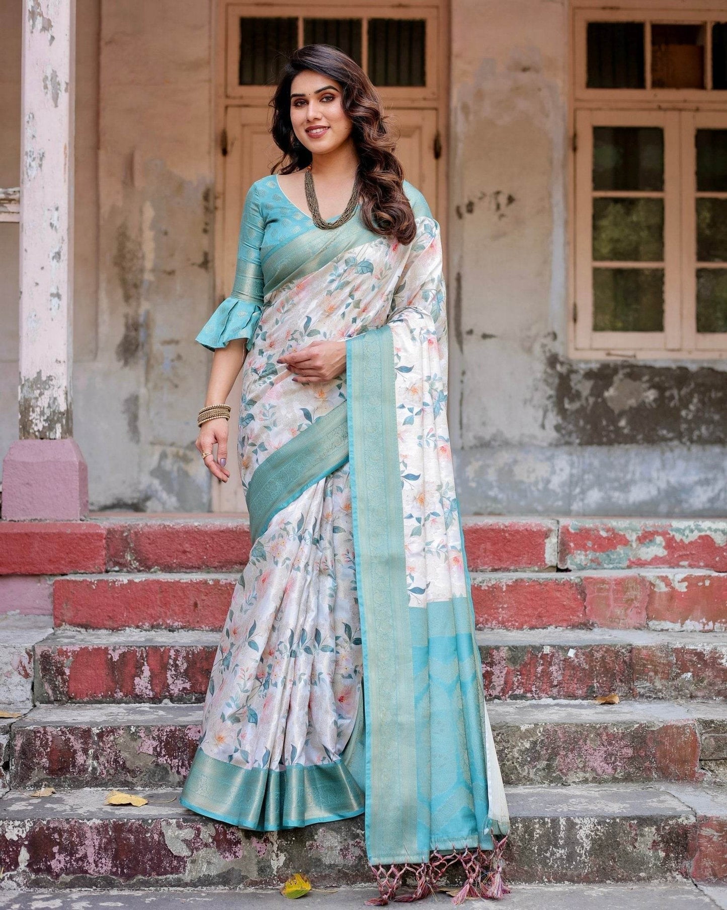 White and Aqua Floral Digital Print Banarasi Silk Saree with Zari Weave and Tassel-Adorned Pallu - SEEANS