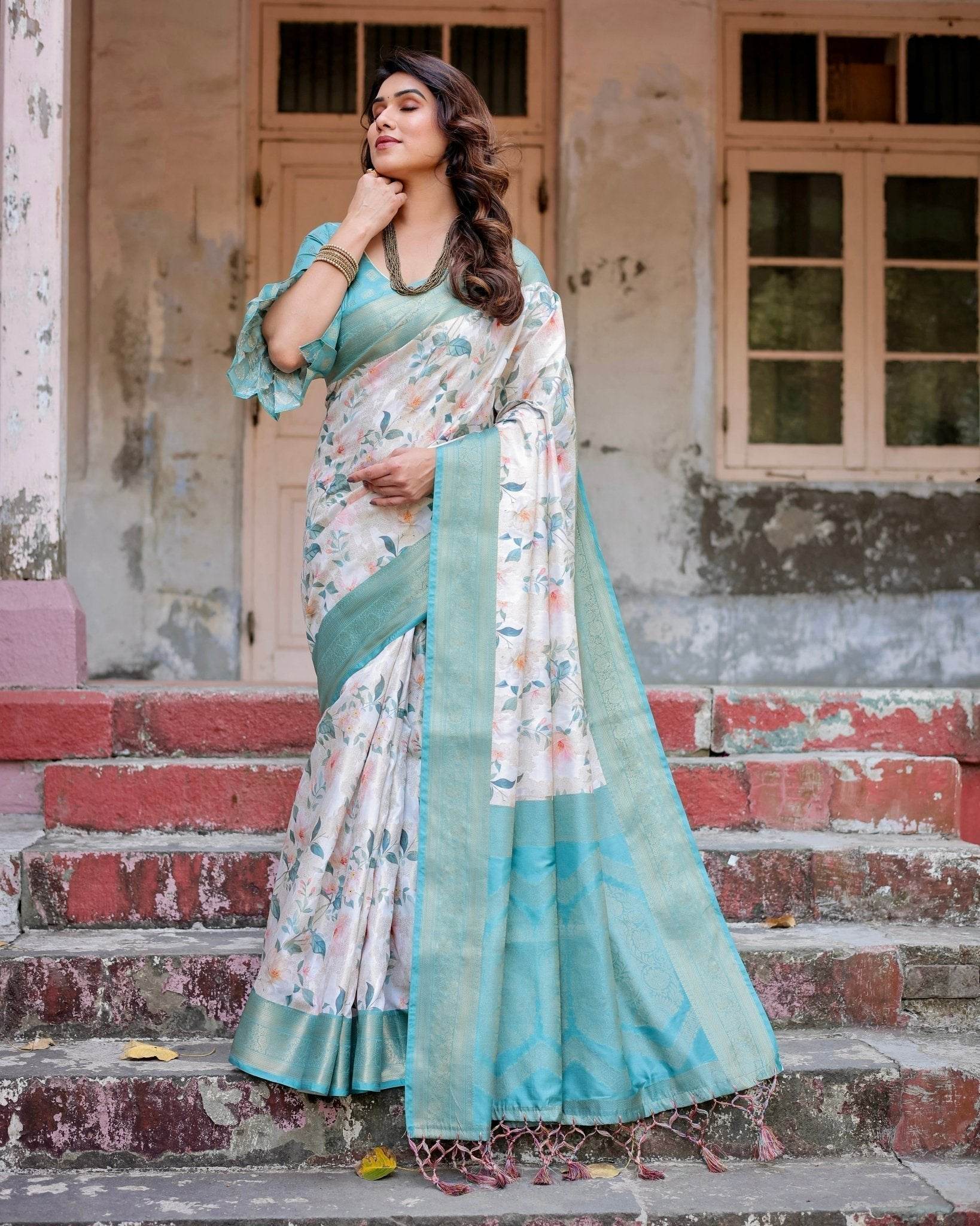 White and Aqua Floral Digital Print Banarasi Silk Saree with Zari Weave and Tassel-Adorned Pallu - SEEANS