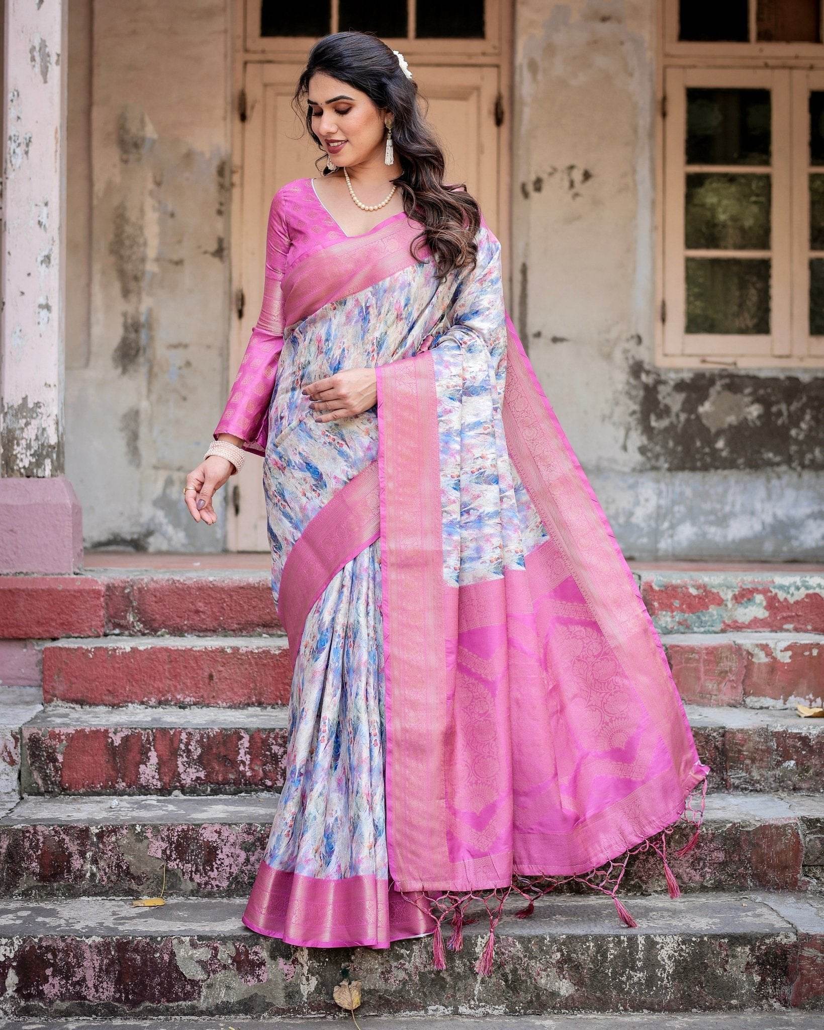 White and Pink Floral Digital Print Banarasi Silk Saree with Zari Weave and Tassel-Embellished Pallu - SEEANS
