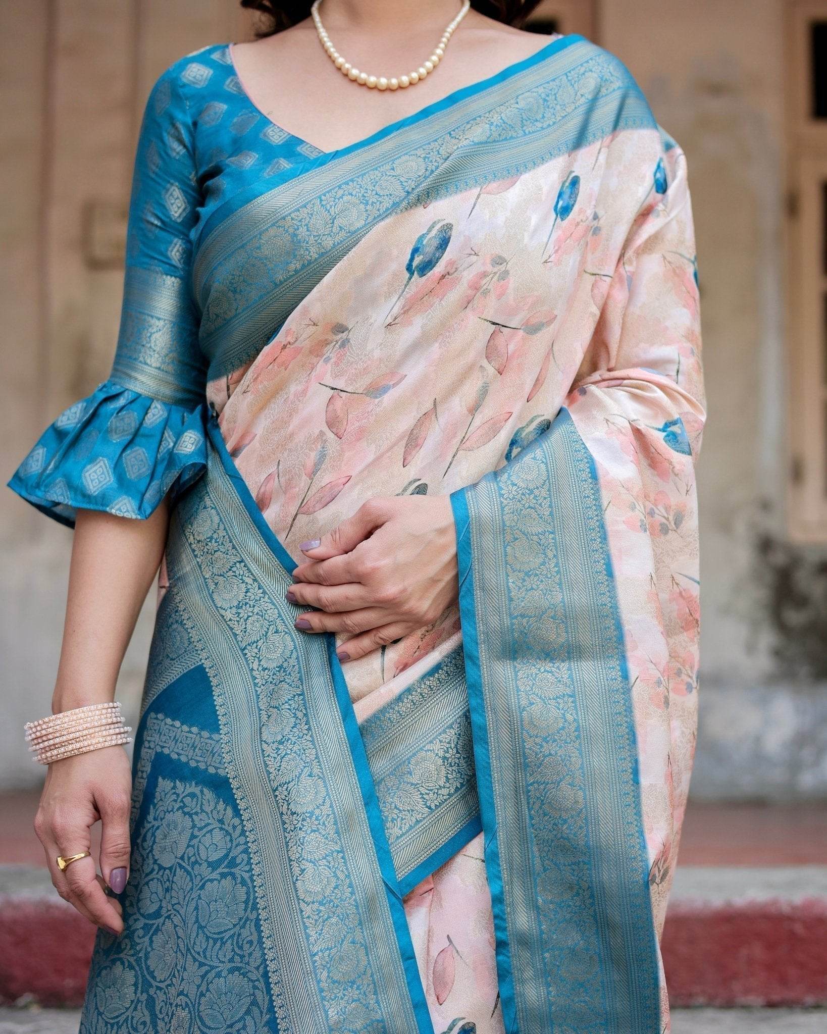 Peach and Teal Floral Digital Print Banarasi Silk Saree with Zari Weave and Tassel-Adorned Pallu - SEEANS