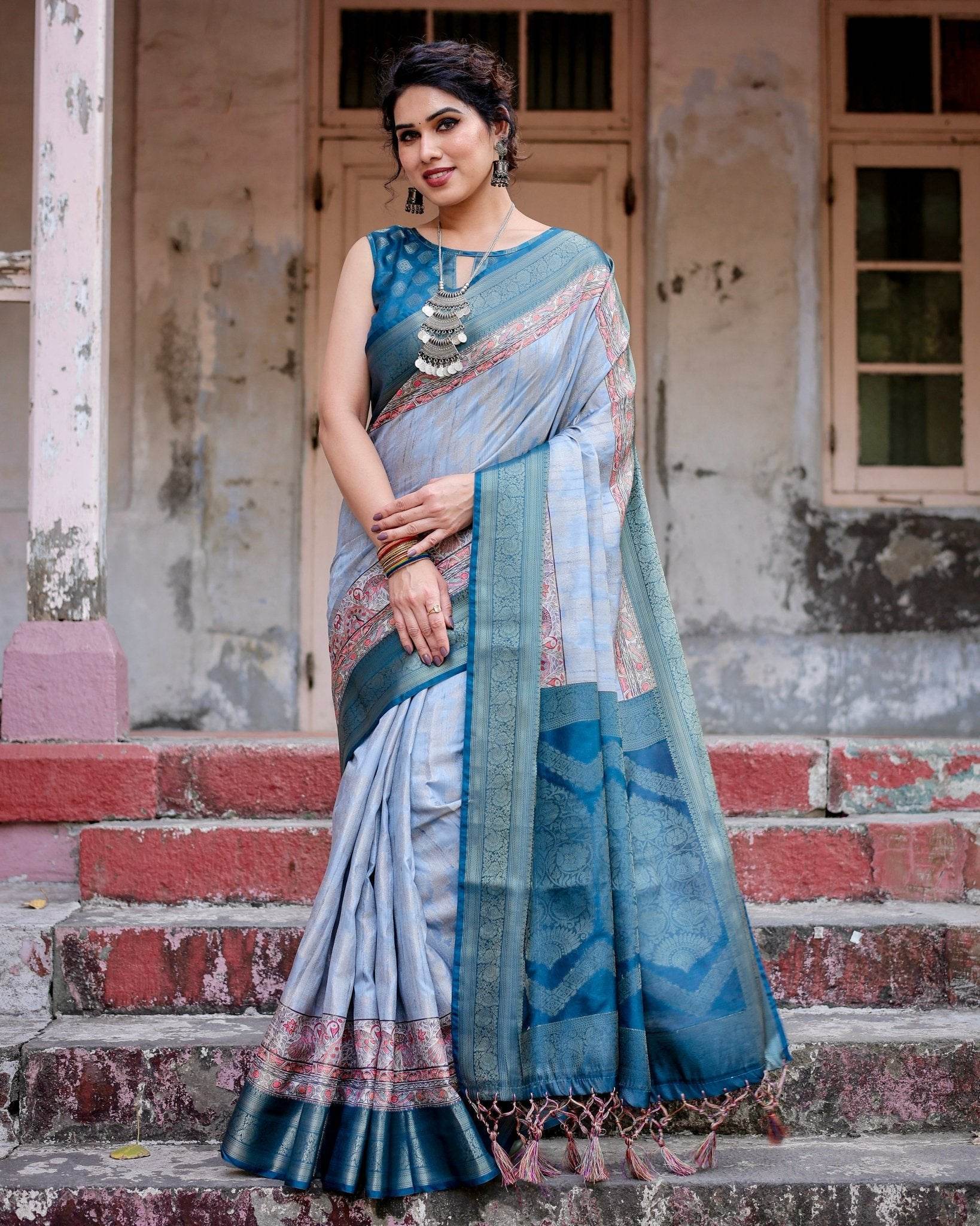 Elegant Blue and Beige Banarasi Silk Saree with Ornate Zari Weaving and Tassels - SEEANS