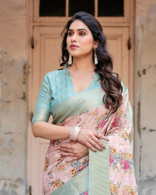 Pink and Green Floral Digital Print Banarasi Silk Saree with Zari Weave and Tassel Pallu - SEEANS