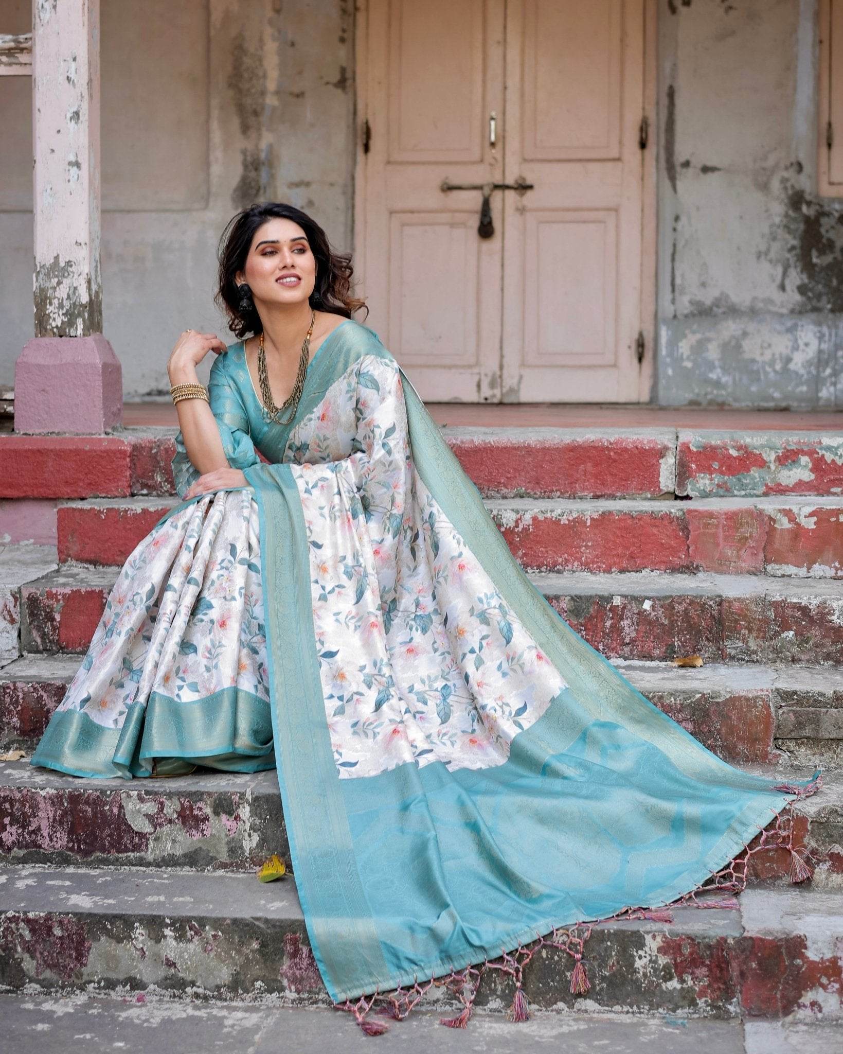 White and Aqua Floral Digital Print Banarasi Silk Saree with Zari Weave and Tassel-Adorned Pallu - SEEANS