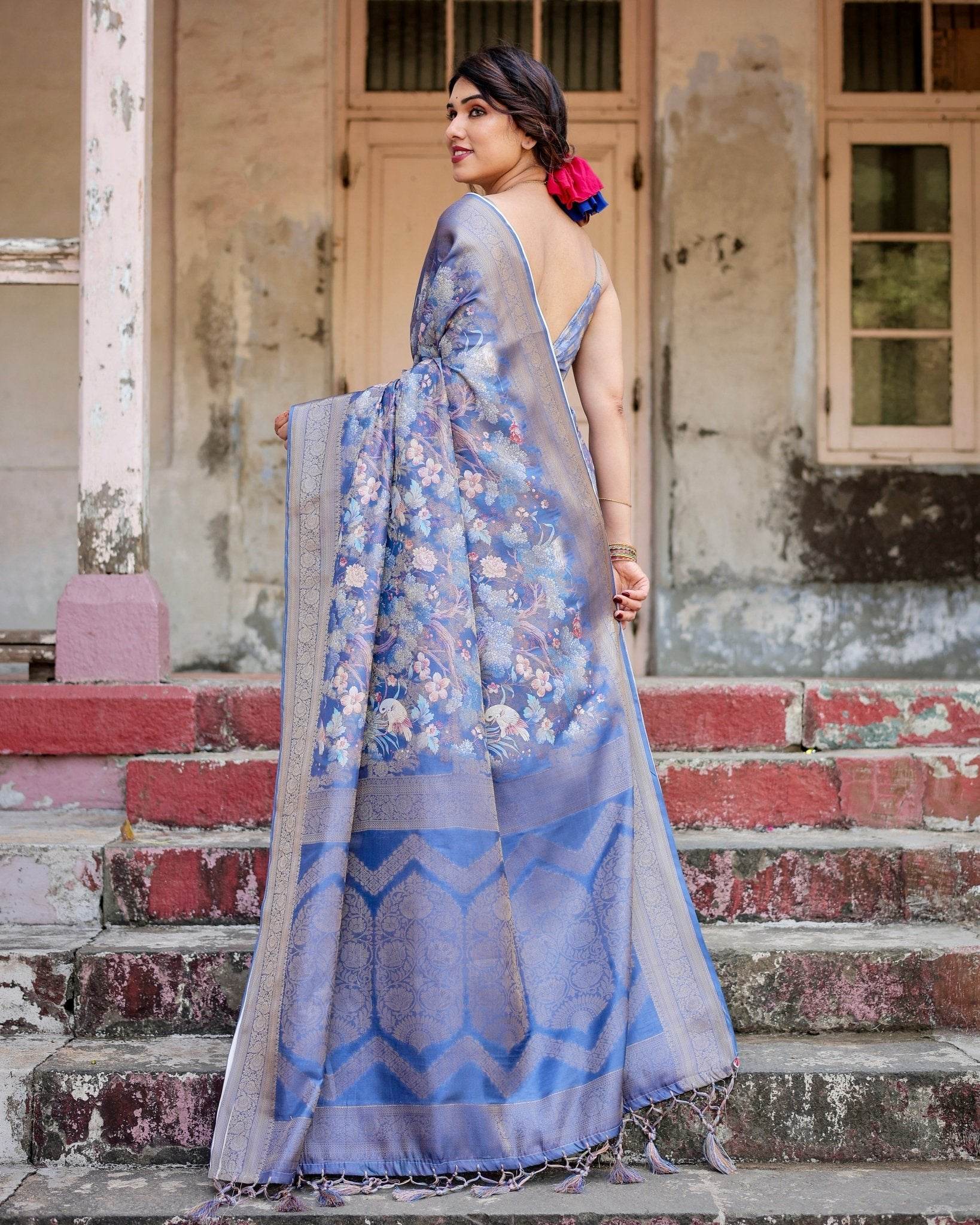 Majestic Blue Banarasi Silk Saree with Delicate Floral Zari Work and Tassel-Embellished Pallu - SEEANS