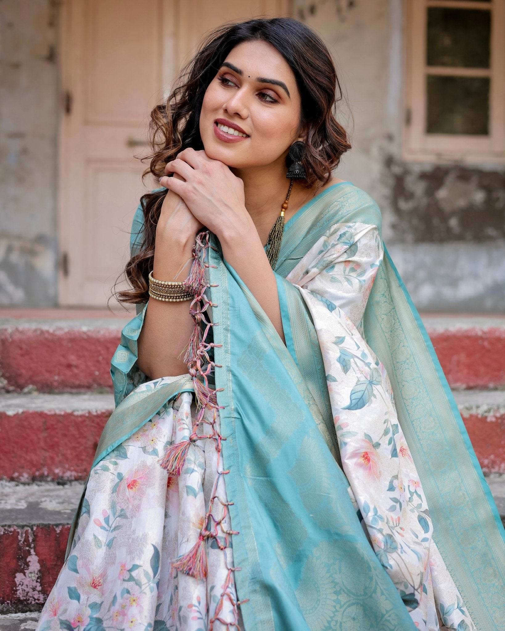 White and Aqua Floral Digital Print Banarasi Silk Saree with Zari Weave and Tassel-Adorned Pallu - SEEANS