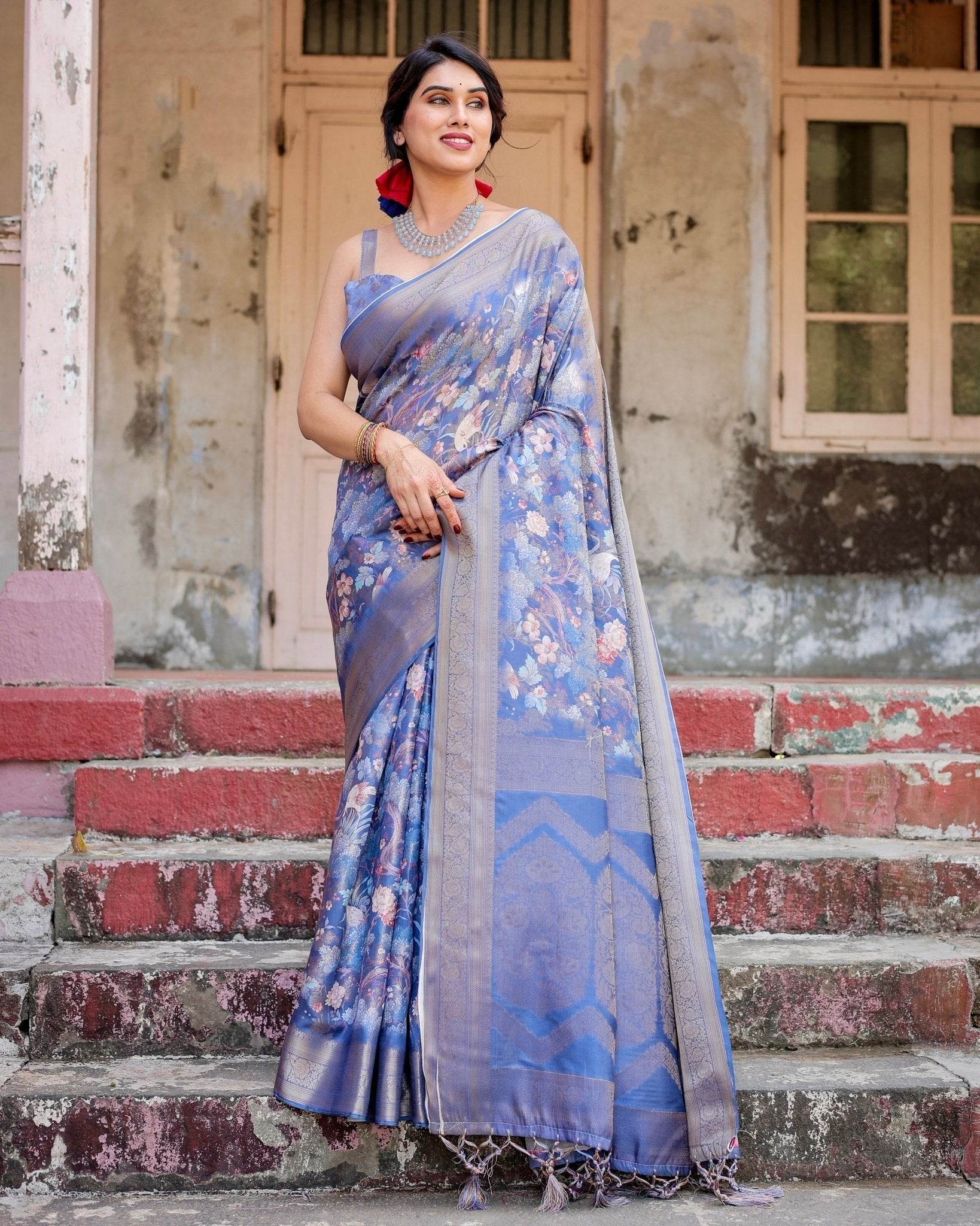 Majestic Blue Banarasi Silk Saree with Delicate Floral Zari Work and Tassel-Embellished Pallu - SEEANS