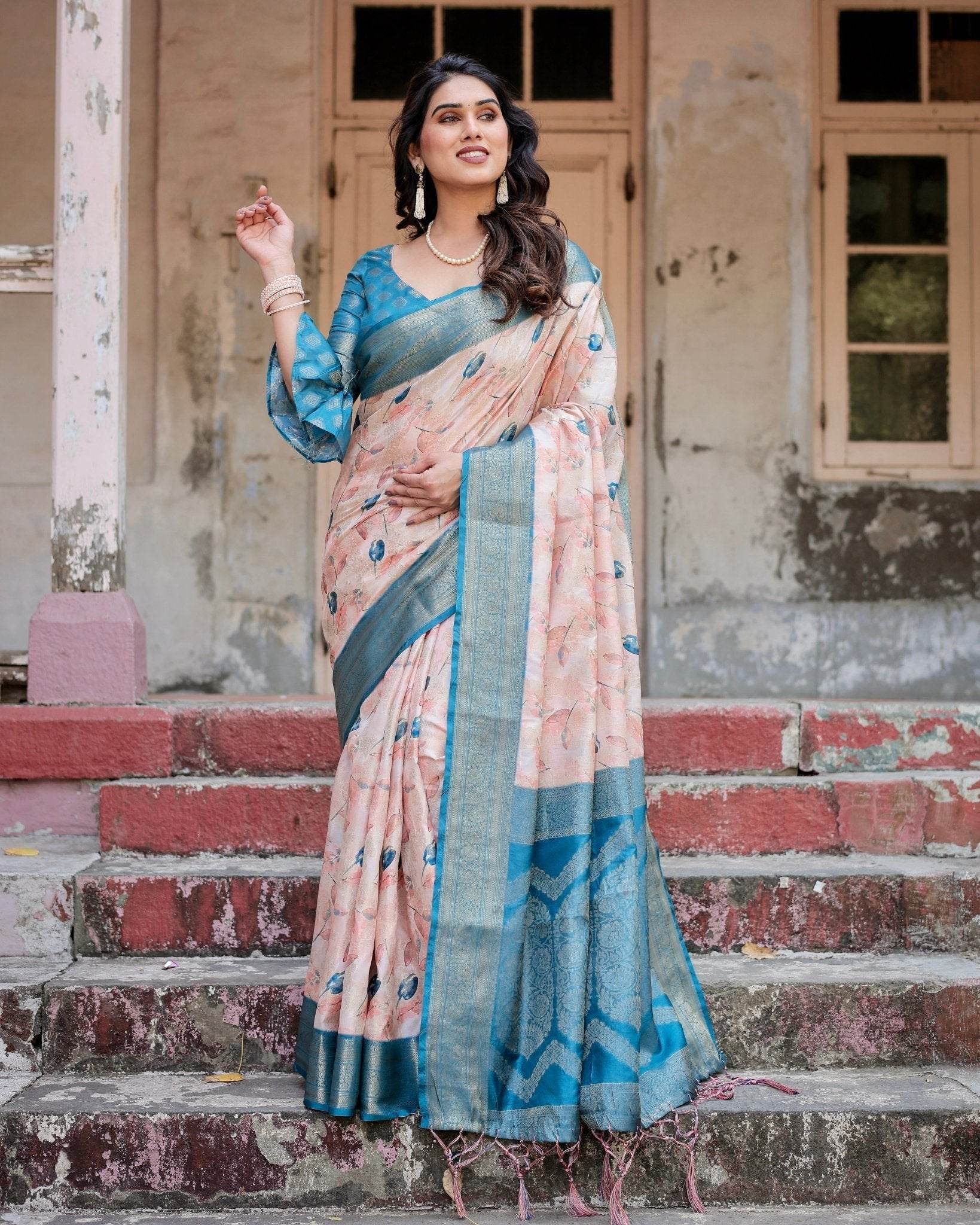 Peach and Teal Floral Digital Print Banarasi Silk Saree with Zari Weave and Tassel-Adorned Pallu - SEEANS