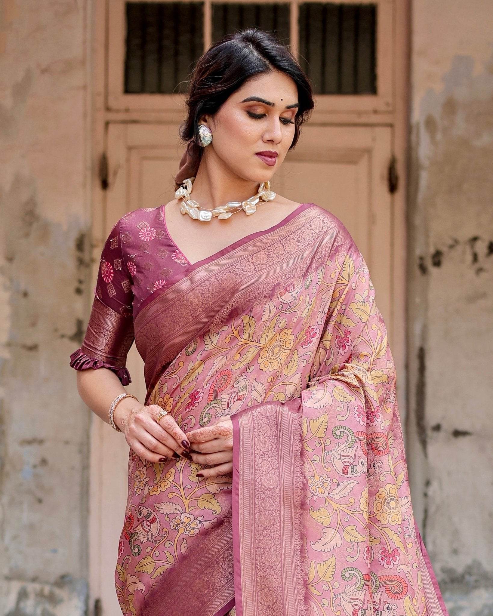 Elegant Pink Banarasi Silk Saree with Floral Zari Weaving and Tassel-Embellished Pallu - SEEANS