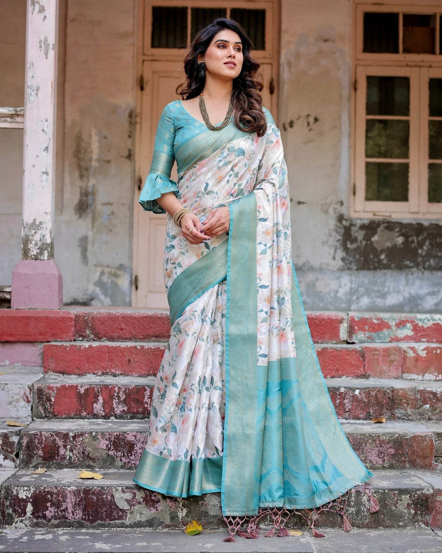 White and Aqua Floral Digital Print Banarasi Silk Saree with Zari Weave and Tassel-Adorned Pallu - SEEANS
