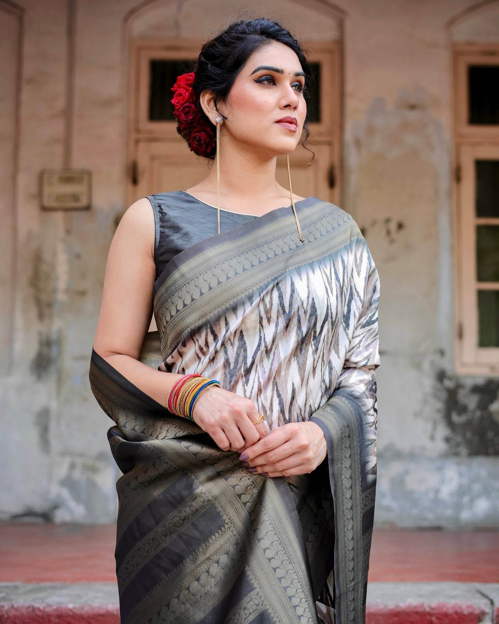 Elegant Banarasi Silk Saree with Zari Weaving and Tassels in Shades of Grey and Black - SEEANS