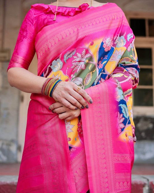 Hot Pink Multicolor Floral Digital Printed Banarasi Silk Saree with Zari Woven Border and Solid Pink Pallu - Includes Tassels - SEEANS