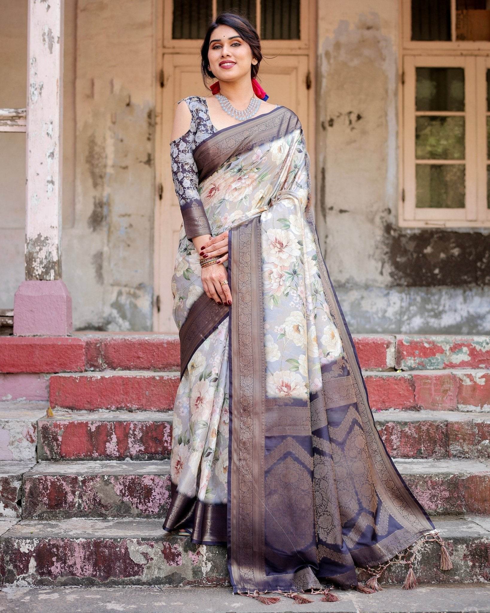 Elegant Gray Banarasi Silk Saree with Navy Blue Zari Weave, Floral Design, and Tassels - SEEANS