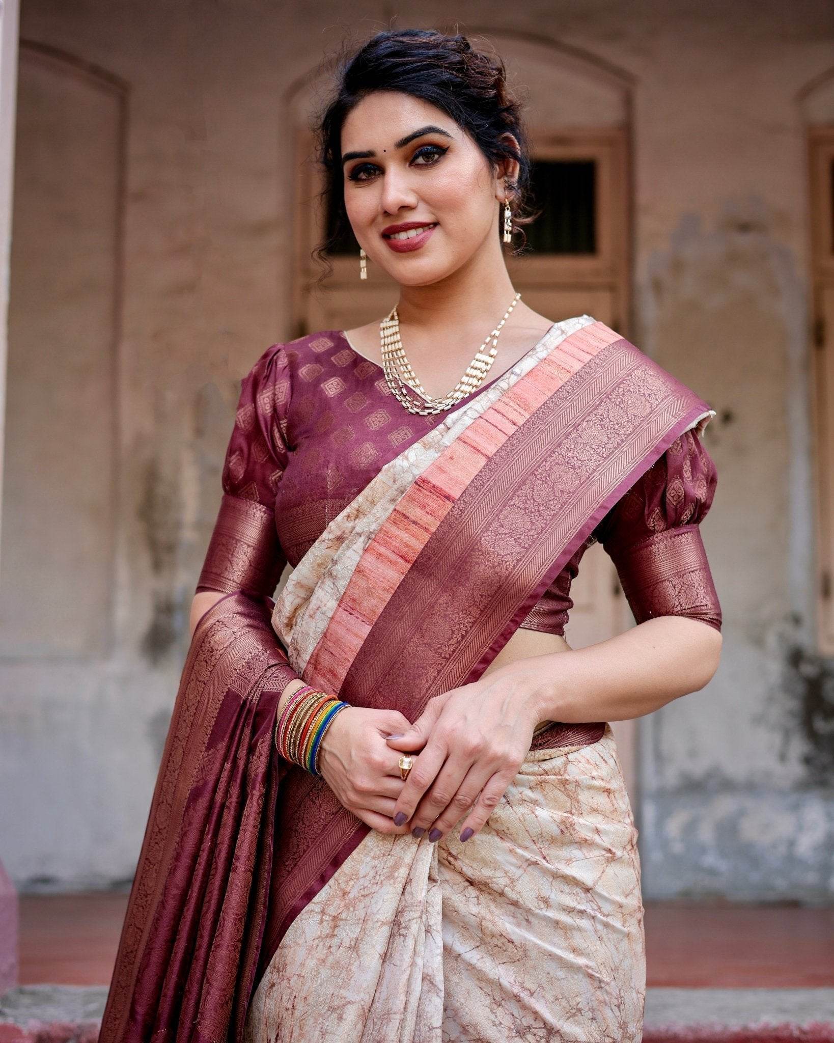 Marble-Print Banarasi Silk Saree in Deep Maroon with Zari Weaving and Tassels - SEEANS
