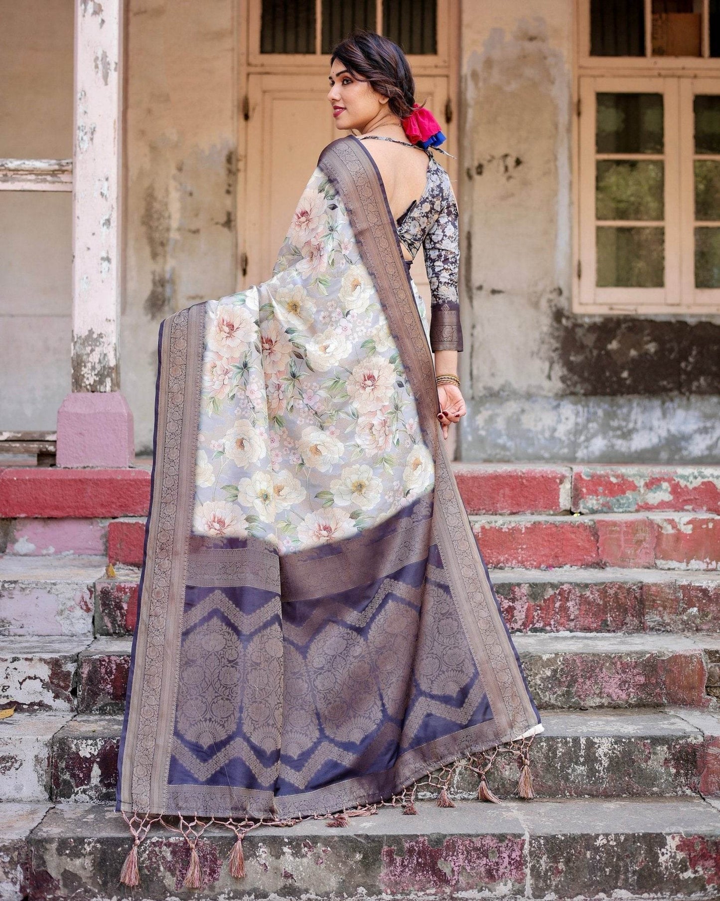 Elegant Gray Banarasi Silk Saree with Navy Blue Zari Weave, Floral Design, and Tassels - SEEANS