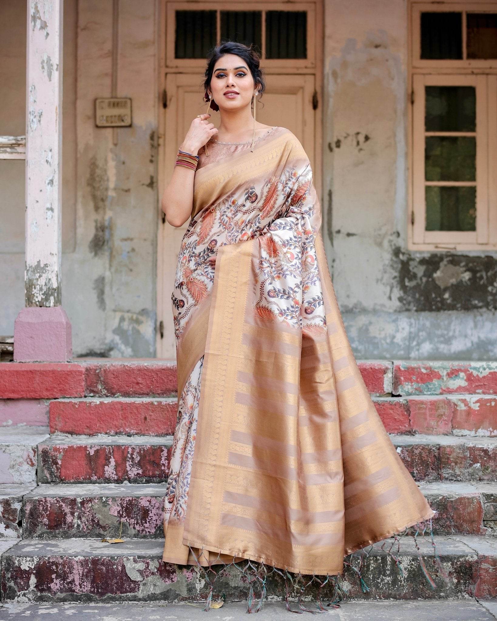 Elegant Beige Floral Banarasi Silk Saree with Zari Weave and Tassels - SEEANS