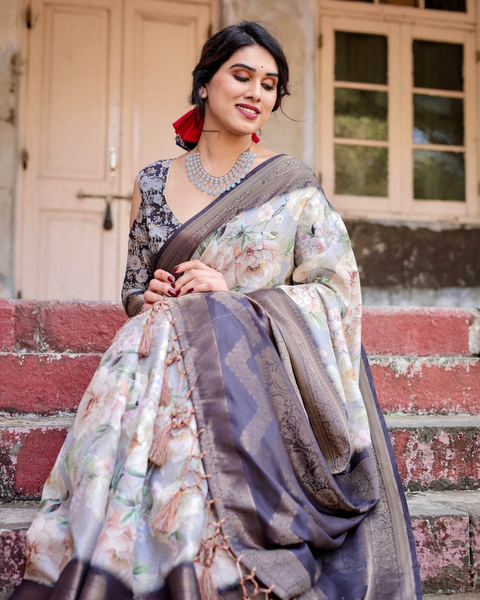 Elegant Gray Banarasi Silk Saree with Navy Blue Zari Weave, Floral Design, and Tassels - SEEANS