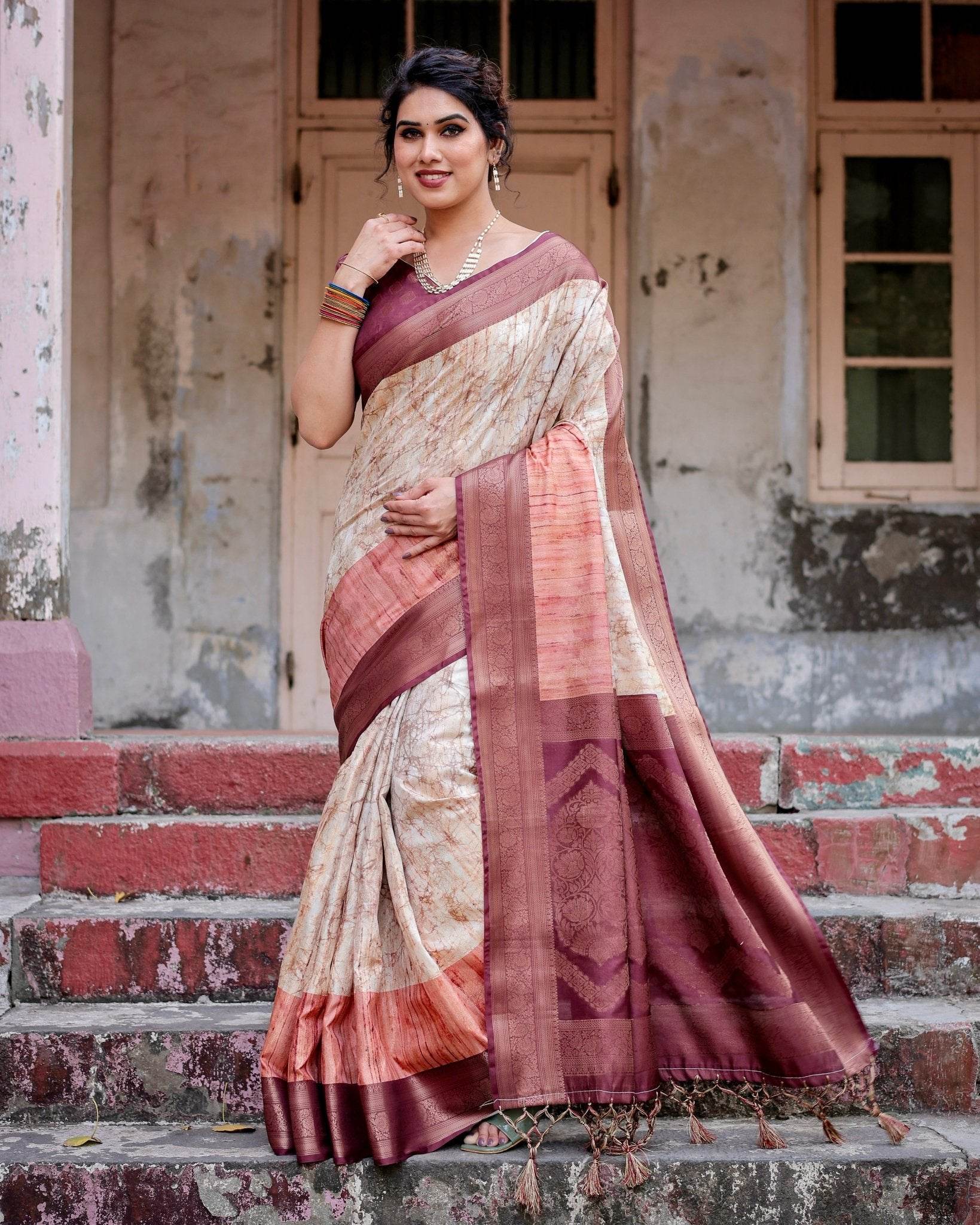 Marble-Print Banarasi Silk Saree in Deep Maroon with Zari Weaving and Tassels - SEEANS