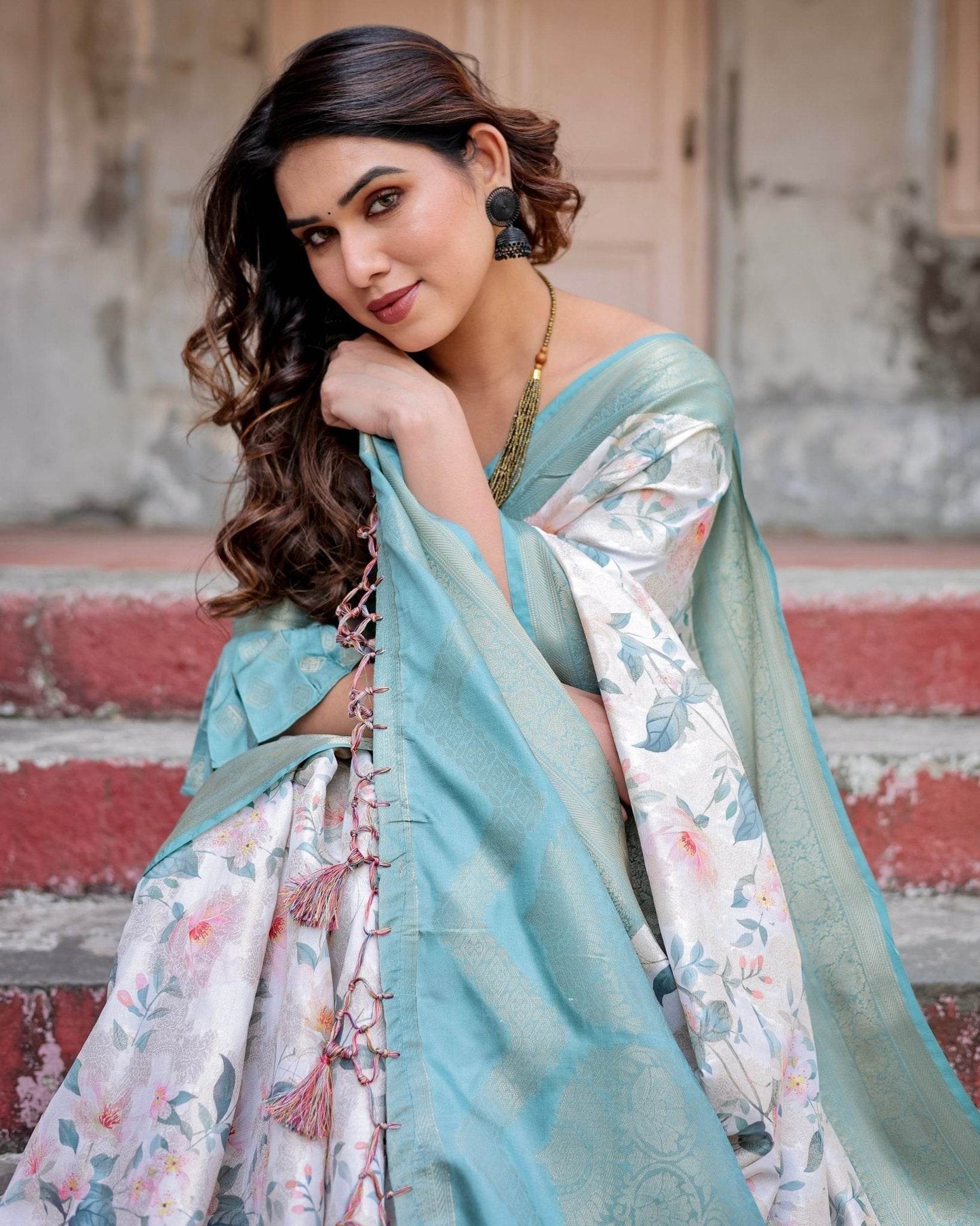 White and Aqua Floral Digital Print Banarasi Silk Saree with Zari Weave and Tassel-Adorned Pallu - SEEANS