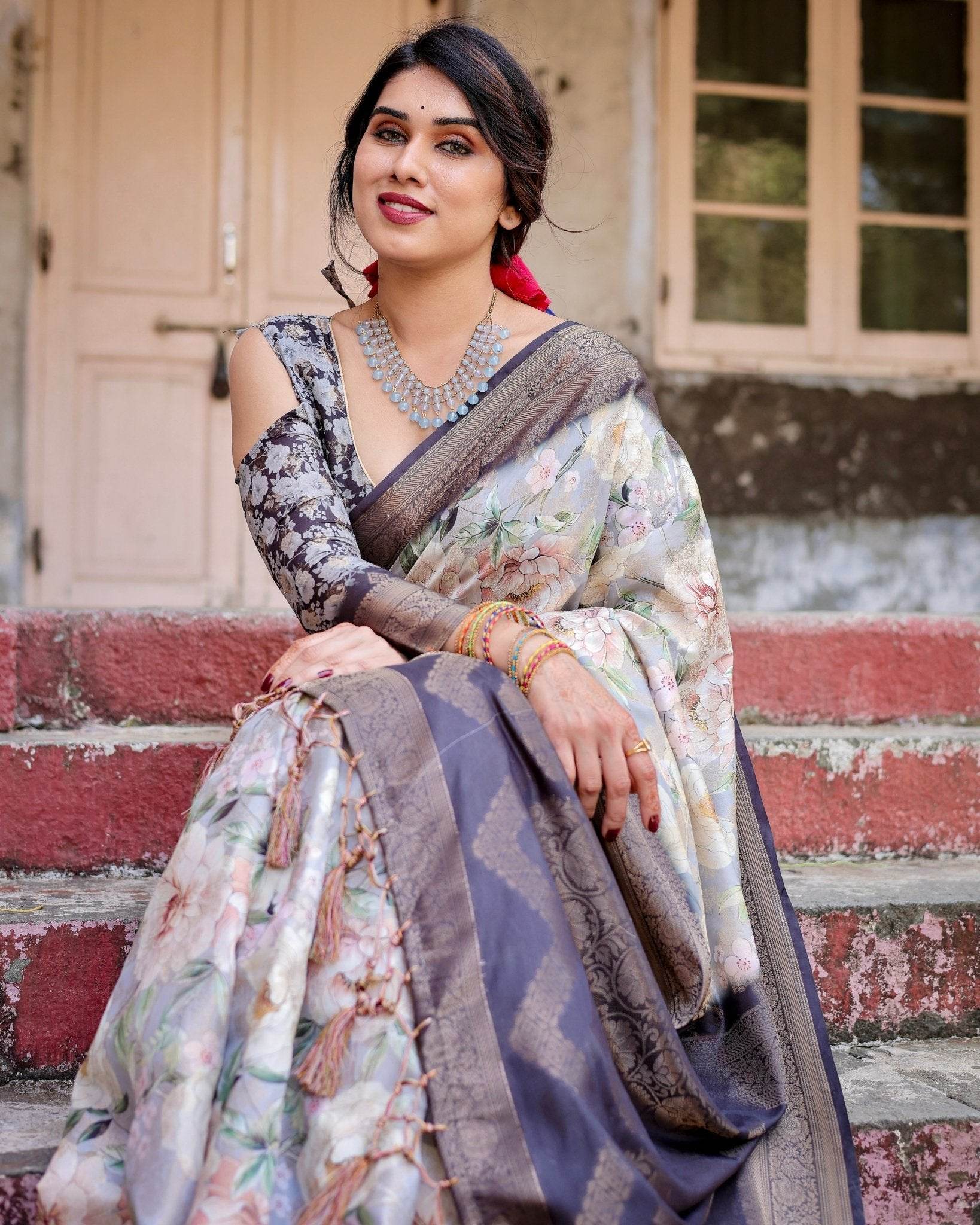 Elegant Gray Banarasi Silk Saree with Navy Blue Zari Weave, Floral Design, and Tassels - SEEANS