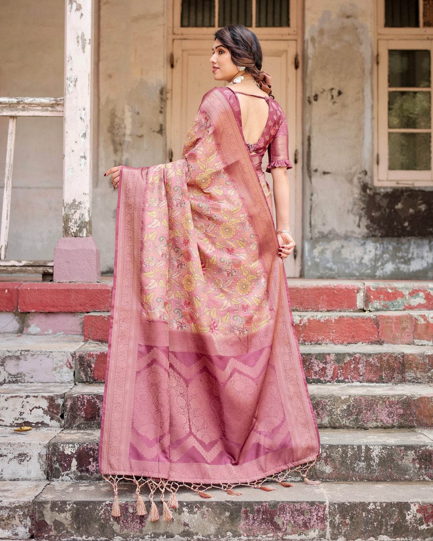 Elegant Pink Banarasi Silk Saree with Floral Zari Weaving and Tassel-Embellished Pallu - SEEANS