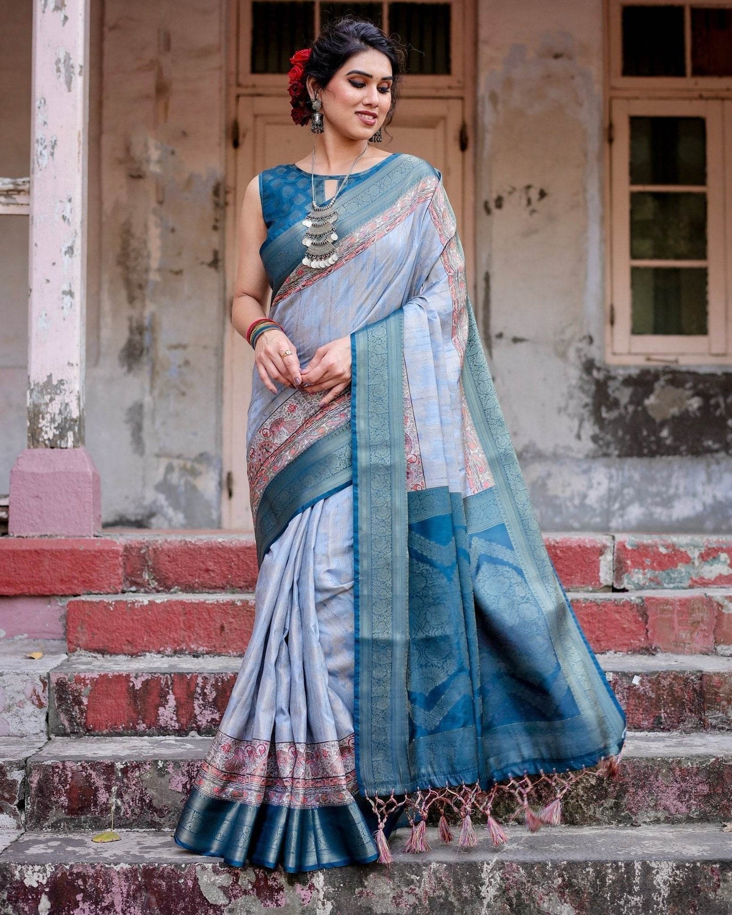 Elegant Blue and Beige Banarasi Silk Saree with Ornate Zari Weaving and Tassels - SEEANS