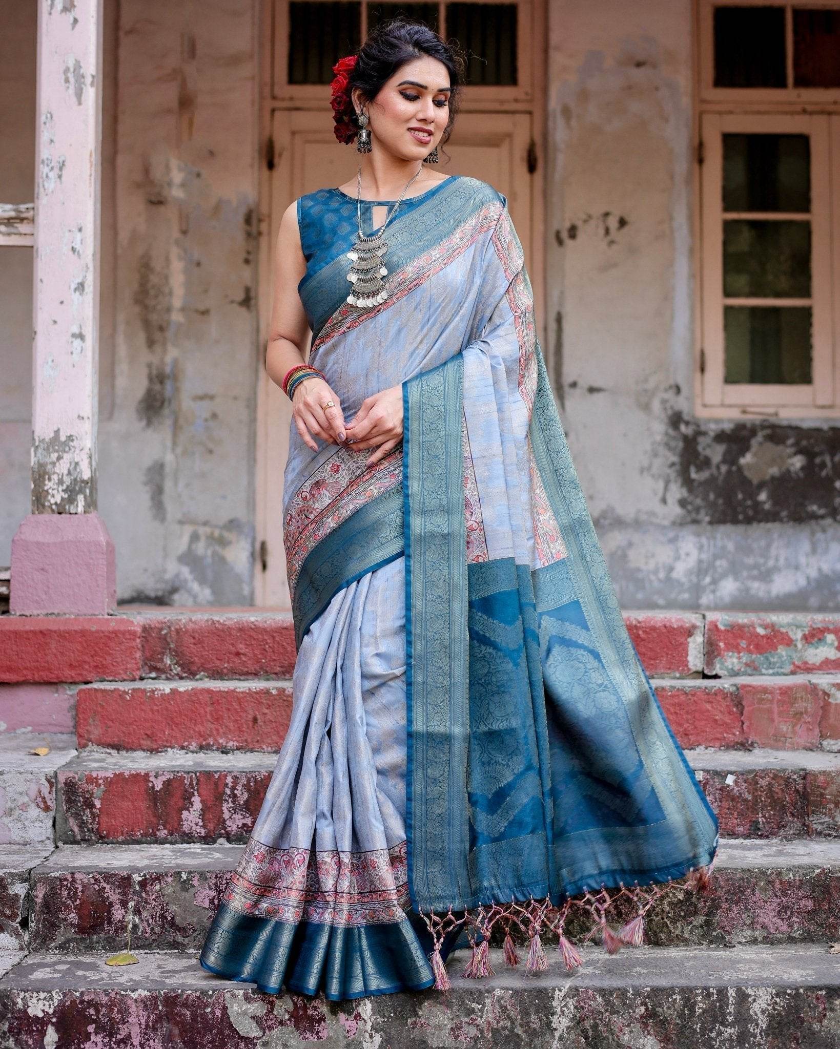 Elegant Blue and Beige Banarasi Silk Saree with Ornate Zari Weaving and Tassels - SEEANS