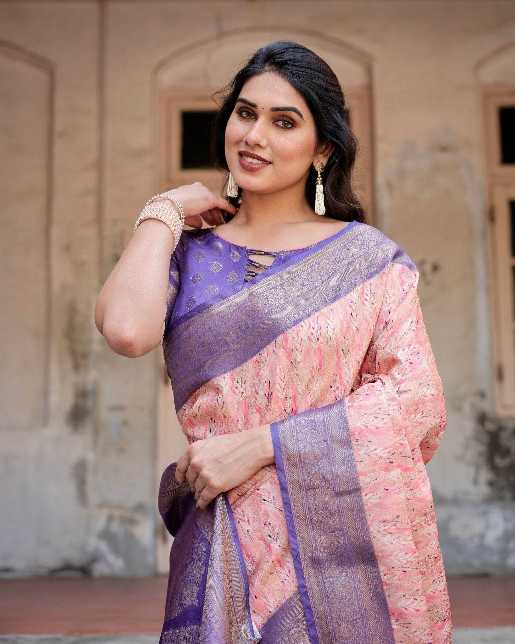 Peach and Purple Floral Digital Print Banarasi Silk Saree with Zari Weave and Tassel-Adorned Pallu - SEEANS
