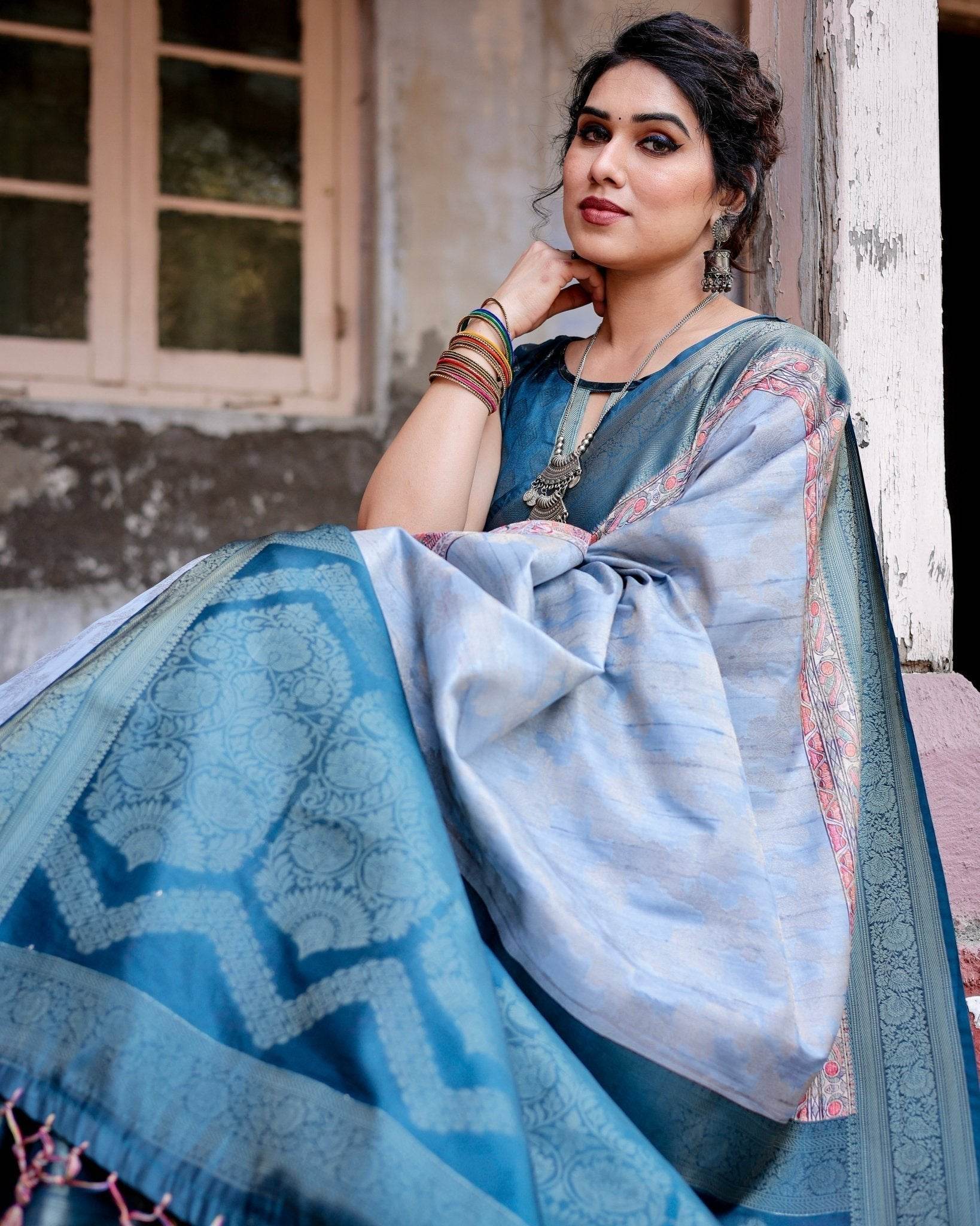 Elegant Blue and Beige Banarasi Silk Saree with Ornate Zari Weaving and Tassels - SEEANS
