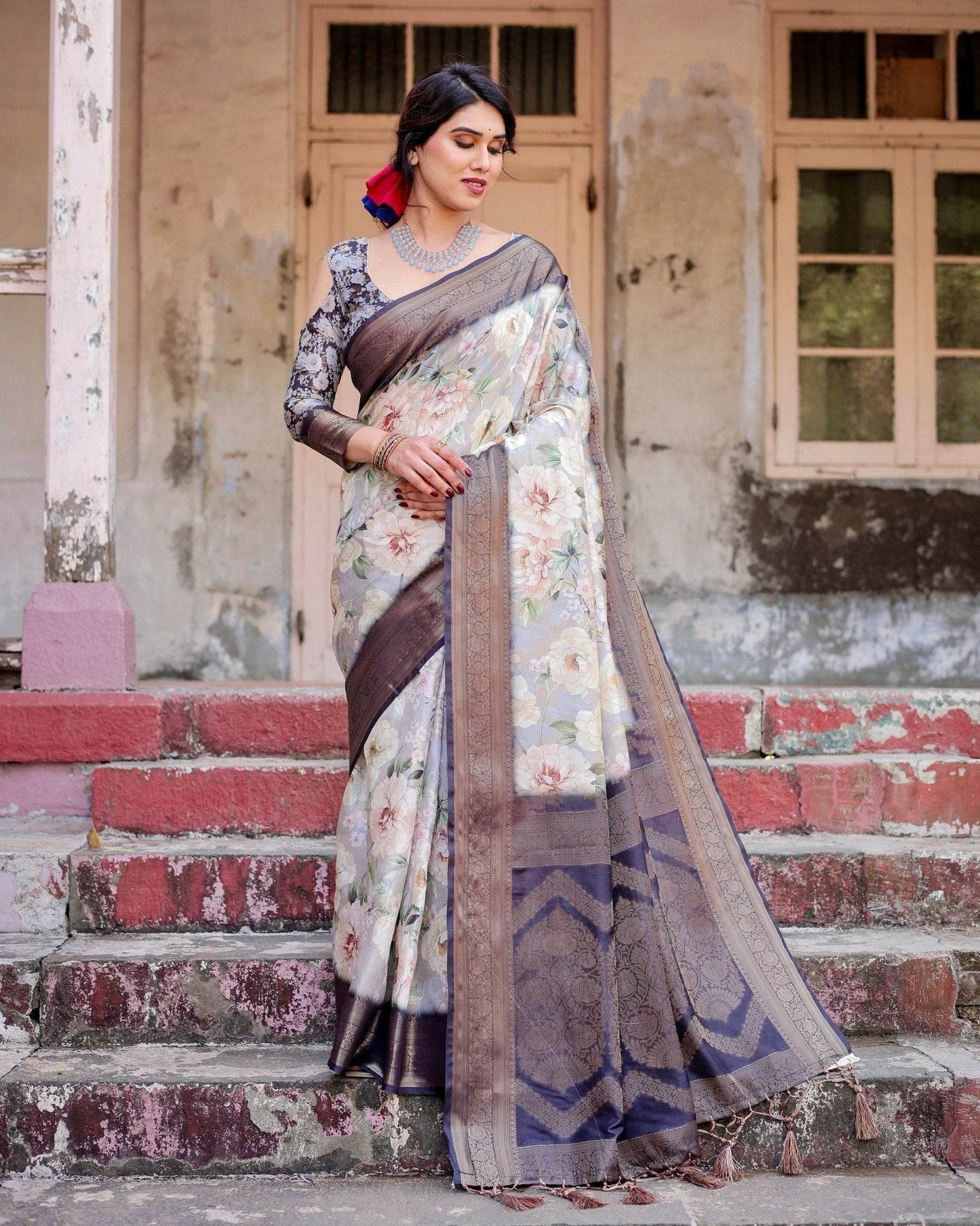 Elegant Gray Banarasi Silk Saree with Navy Blue Zari Weave, Floral Design, and Tassels - SEEANS
