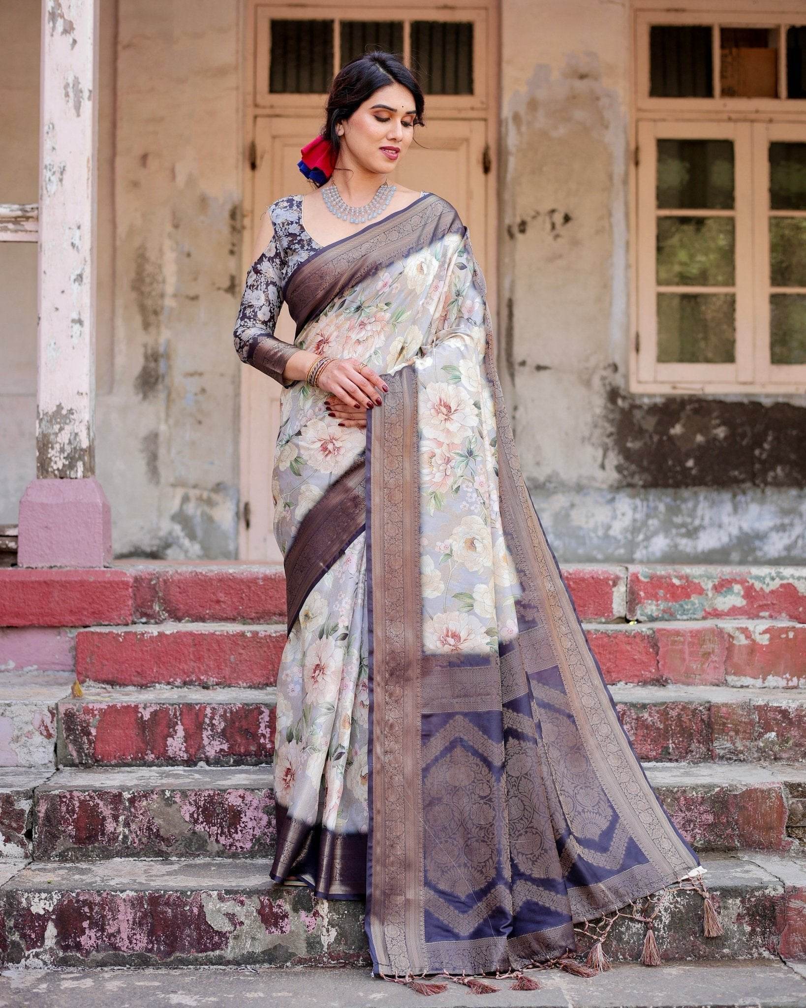 Elegant Gray Banarasi Silk Saree with Navy Blue Zari Weave, Floral Design, and Tassels - SEEANS