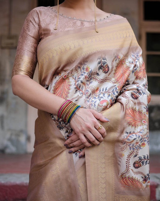 Elegant Beige Floral Banarasi Silk Saree with Zari Weave and Tassels - SEEANS