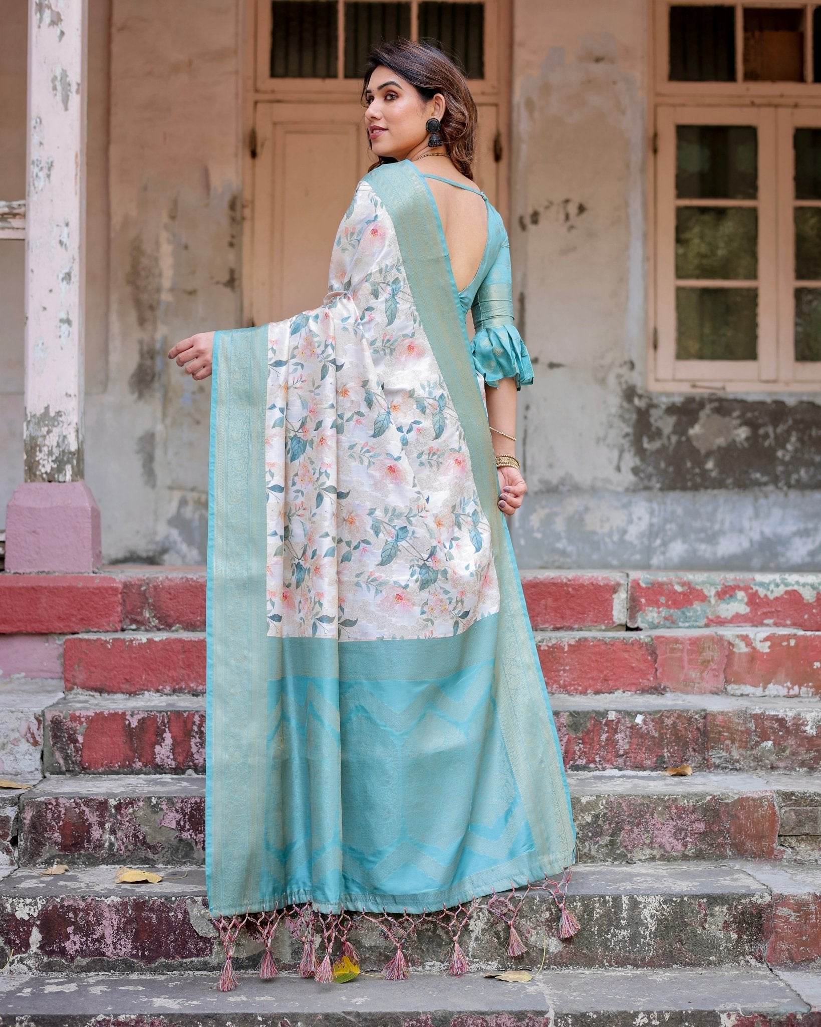 White and Aqua Floral Digital Print Banarasi Silk Saree with Zari Weave and Tassel-Adorned Pallu - SEEANS