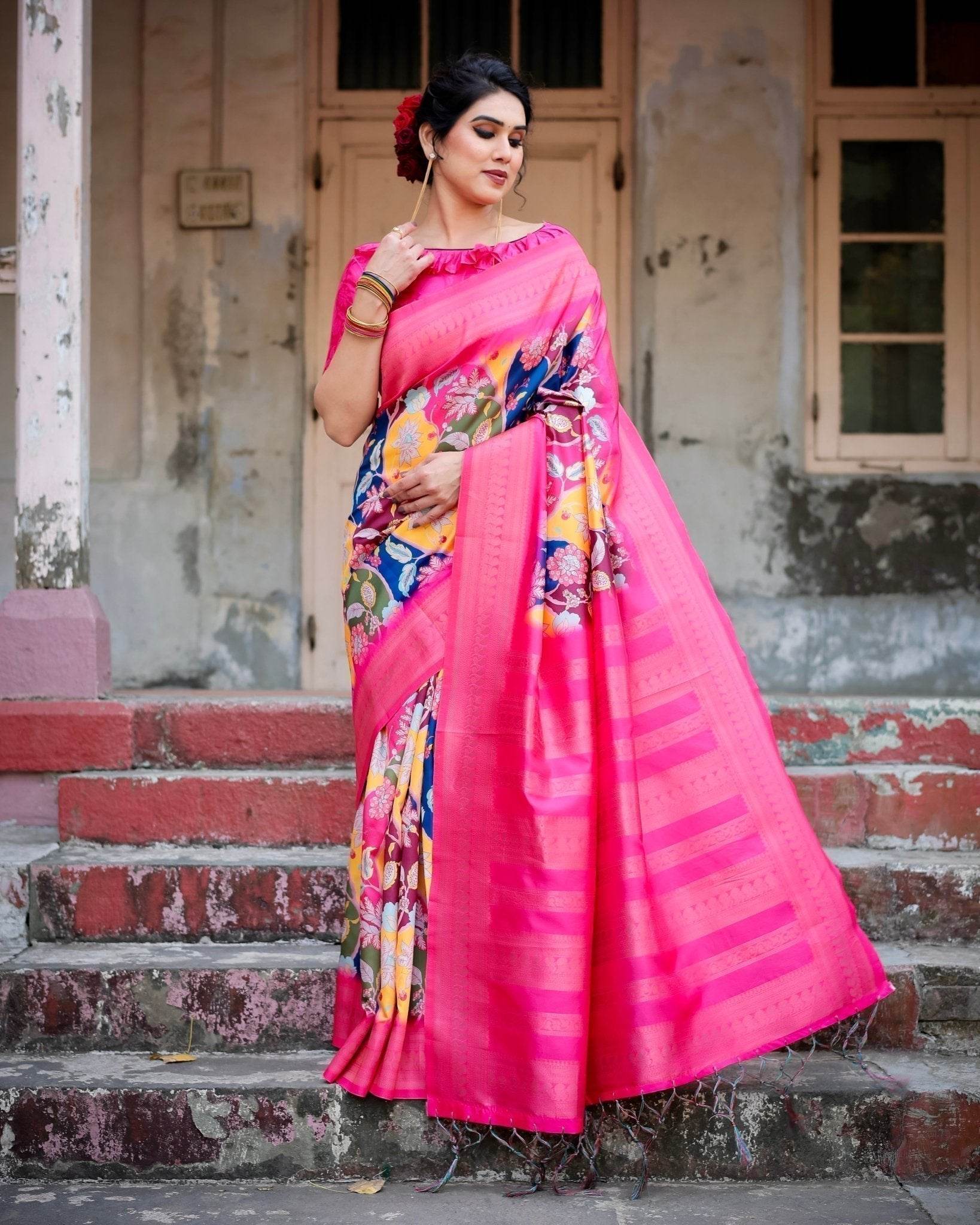 Hot Pink Multicolor Floral Digital Printed Banarasi Silk Saree with Zari Woven Border and Solid Pink Pallu - Includes Tassels - SEEANS