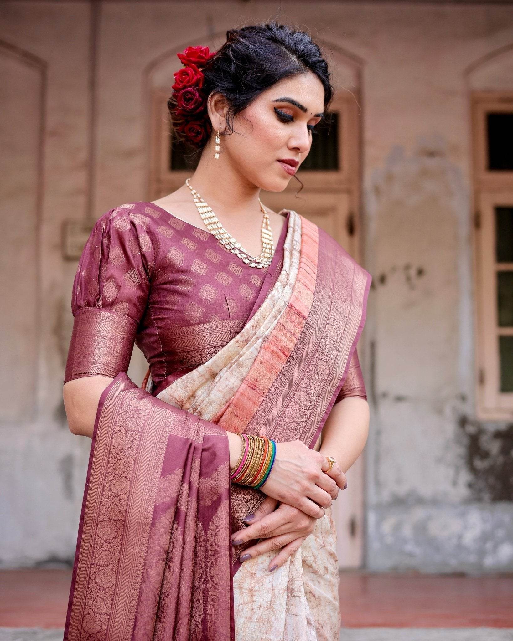 Marble-Print Banarasi Silk Saree in Deep Maroon with Zari Weaving and Tassels - SEEANS