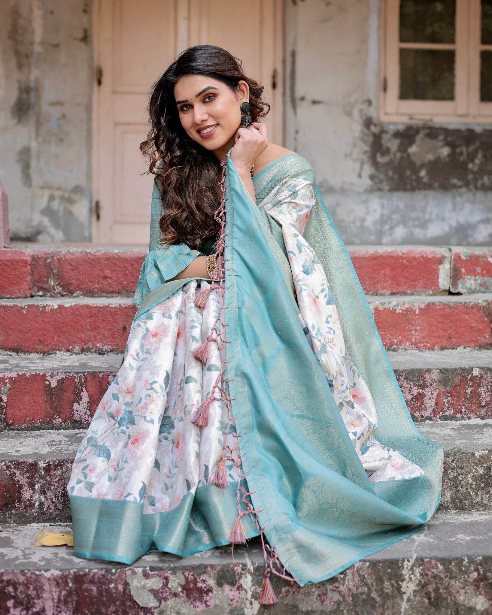 White and Aqua Floral Digital Print Banarasi Silk Saree with Zari Weave and Tassel-Adorned Pallu - SEEANS
