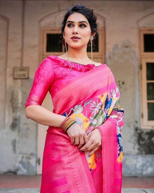 Hot Pink Multicolor Floral Digital Printed Banarasi Silk Saree with Zari Woven Border and Solid Pink Pallu - Includes Tassels - SEEANS