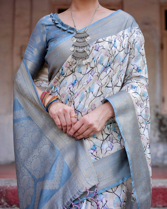 Elegant Light Blue Banarasi Silk Saree with Floral Design and Zari Weaved Pallu - SEEANS