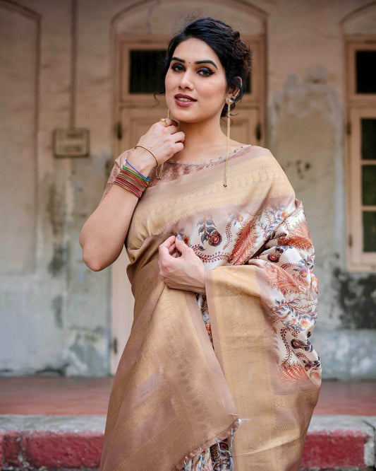 Elegant Beige Floral Banarasi Silk Saree with Zari Weave and Tassels - SEEANS