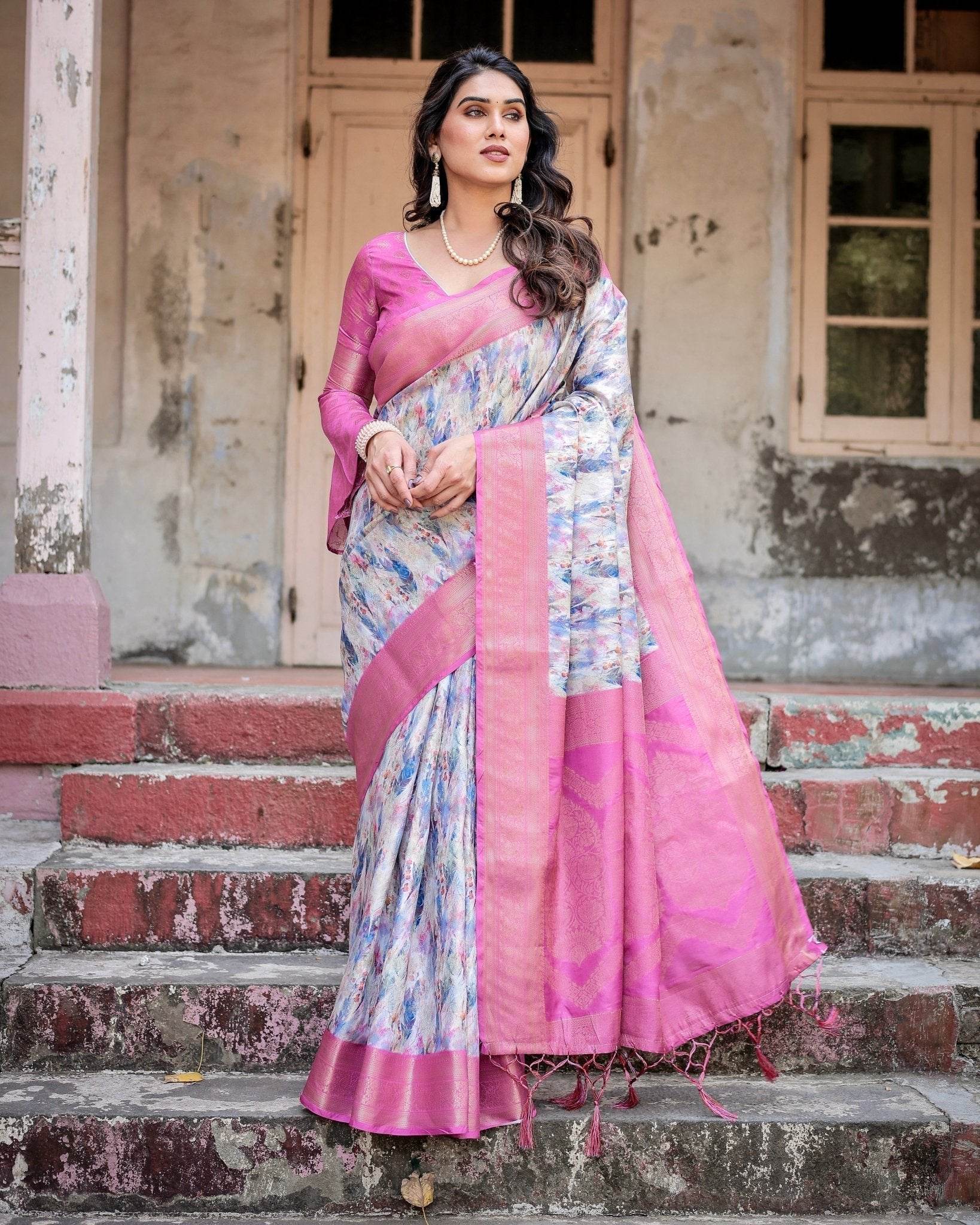 White and Pink Floral Digital Print Banarasi Silk Saree with Zari Weave and Tassel-Embellished Pallu - SEEANS
