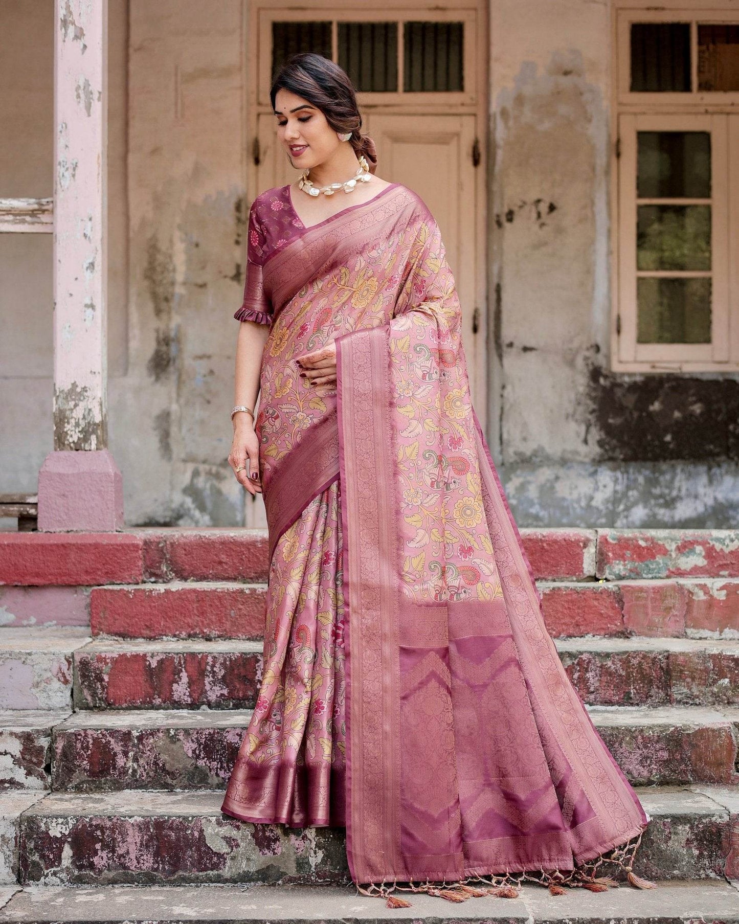 Elegant Pink Banarasi Silk Saree with Floral Zari Weaving and Tassel-Embellished Pallu - SEEANS